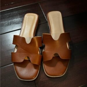 a new day Tan Leather Slide Sandals. Size 8.